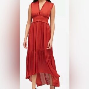Banana Republic sleeveless smocked Soft Satin Hi-Lo Maxi Dress in burnt red